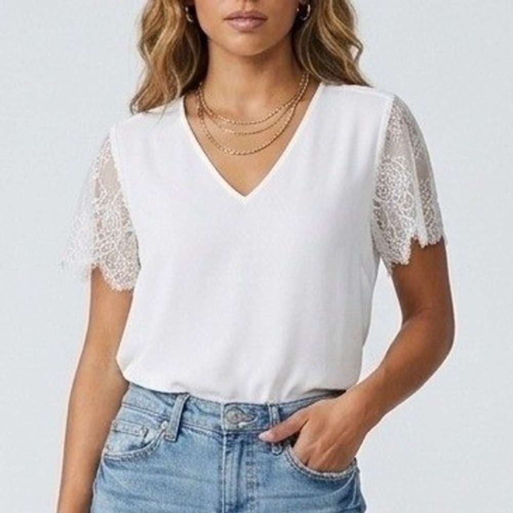Express White V-Neck Lace Sleeve Blouse